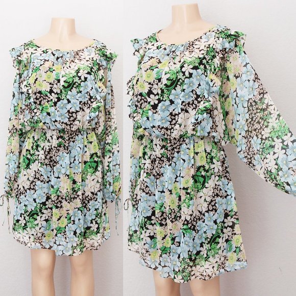 H&M Spring Summer Floral Flowy Chiffon Ruffle Trim Dolman Sleeves Dress M Green - Picture 2 of 14